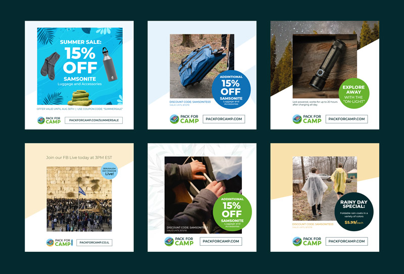 Pack for Camp social posts: summer and luggage sales, a flashlight, a rain-poncho special and a live-stream notice, each over a product photo